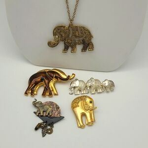 Bundle Lot of 5 Elephant Brooches Necklace Jewelry Vintage Goldtone & Silvertone